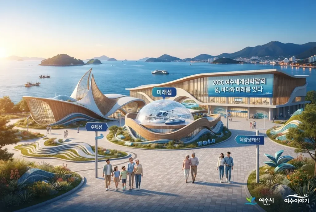 2026 여수세계섬박람회 주행사인 돌산 진모지구 조감도 및 테마전시관 전경